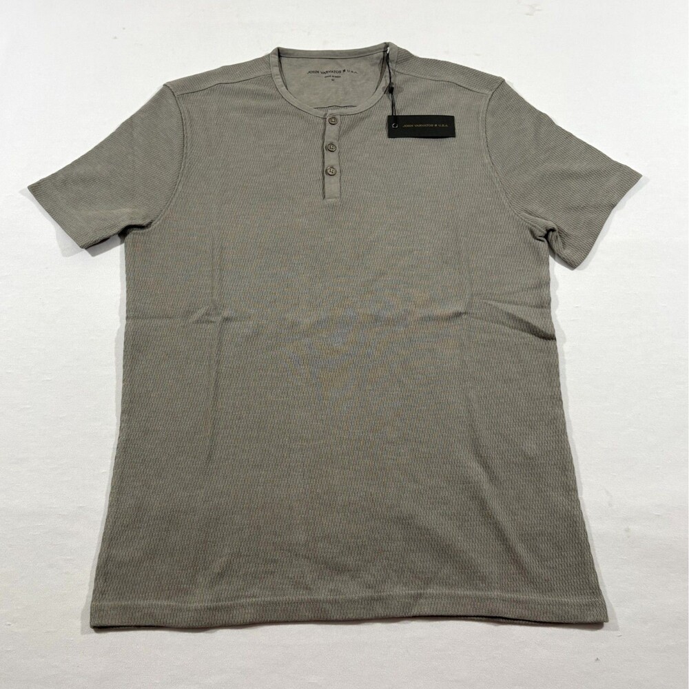 John Varvatos Mens Gray Short Sleeve Texture Stitch Henley Cotton Shirt Sz M NWT